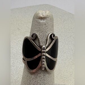 Vintage 925 Sterling Silver Butterfly Ring Black Onyx Inlay Size 6